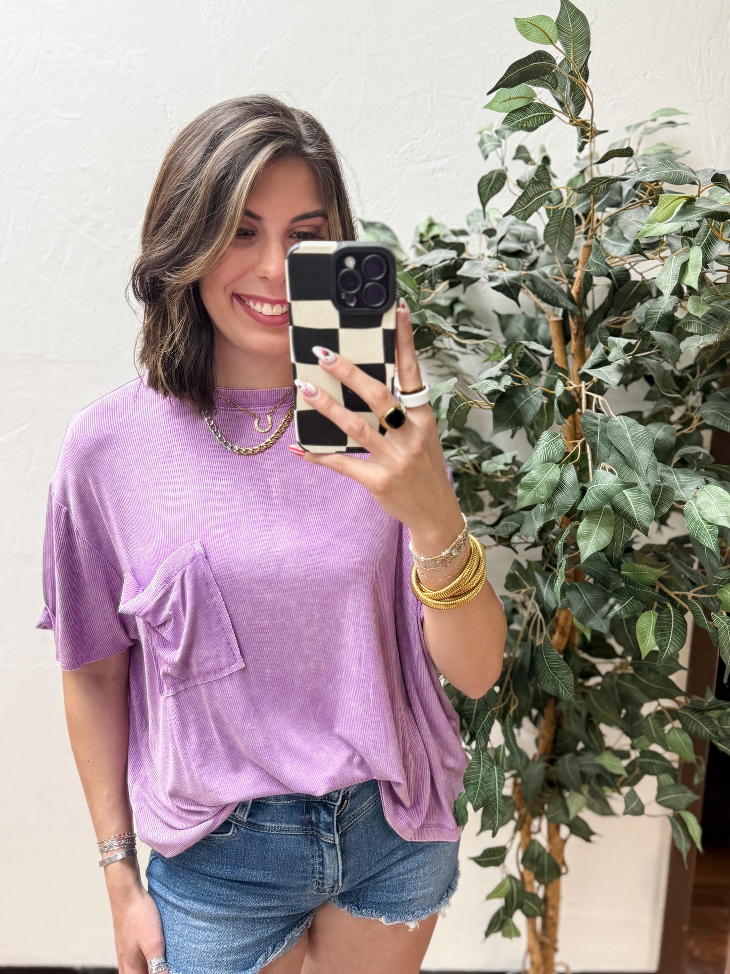CURVY - The Kora Acid Wash Ribbed Cuffed Tee - Bright Violet