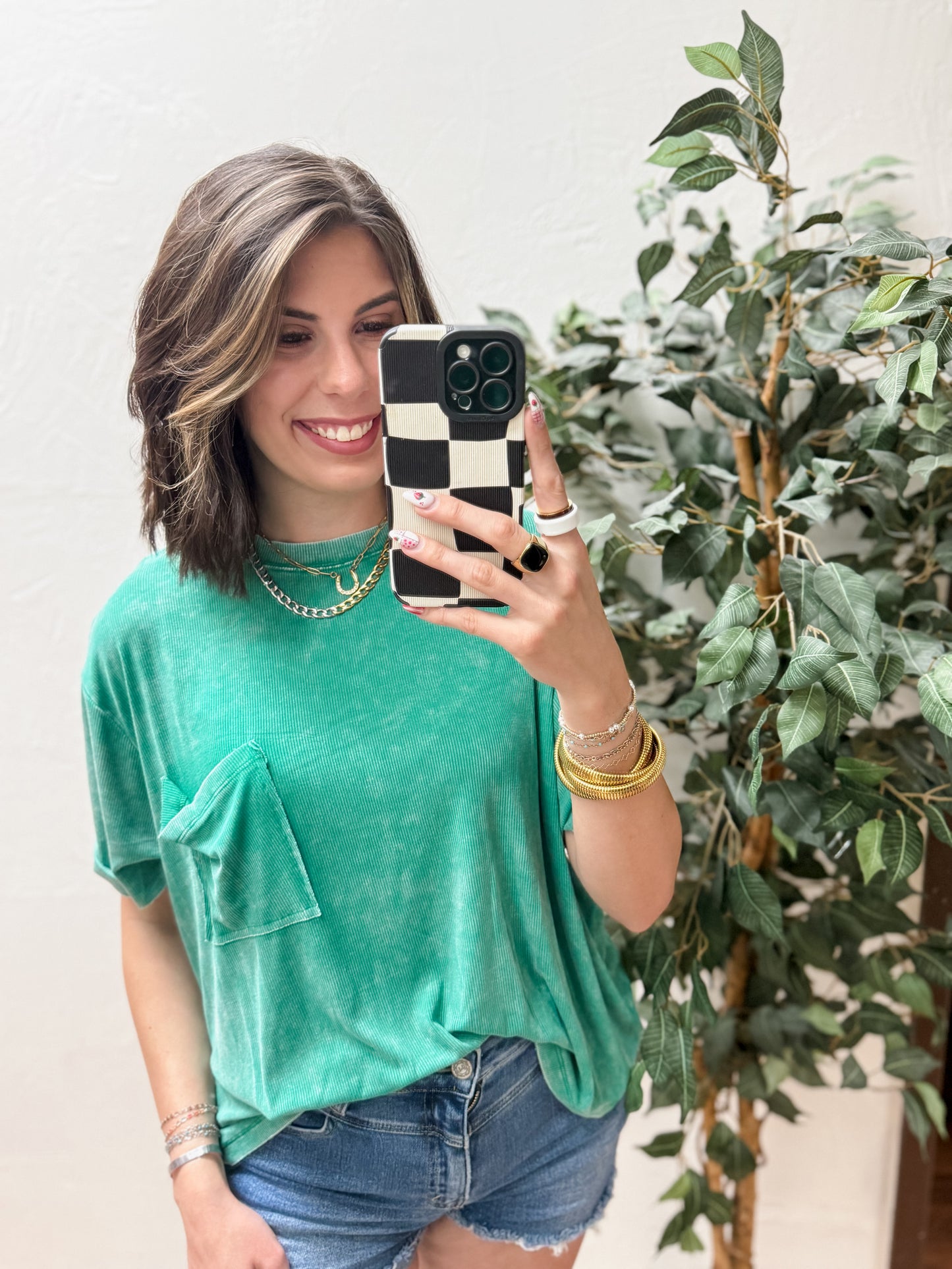 The Kora Acid Wash Ribbed Cuffed Tee - Kelly Green
