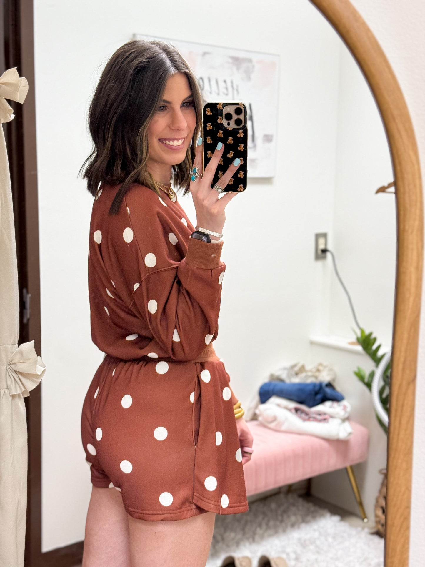 The Dottie Polka Dot Casual Mini Skort Set - Brown