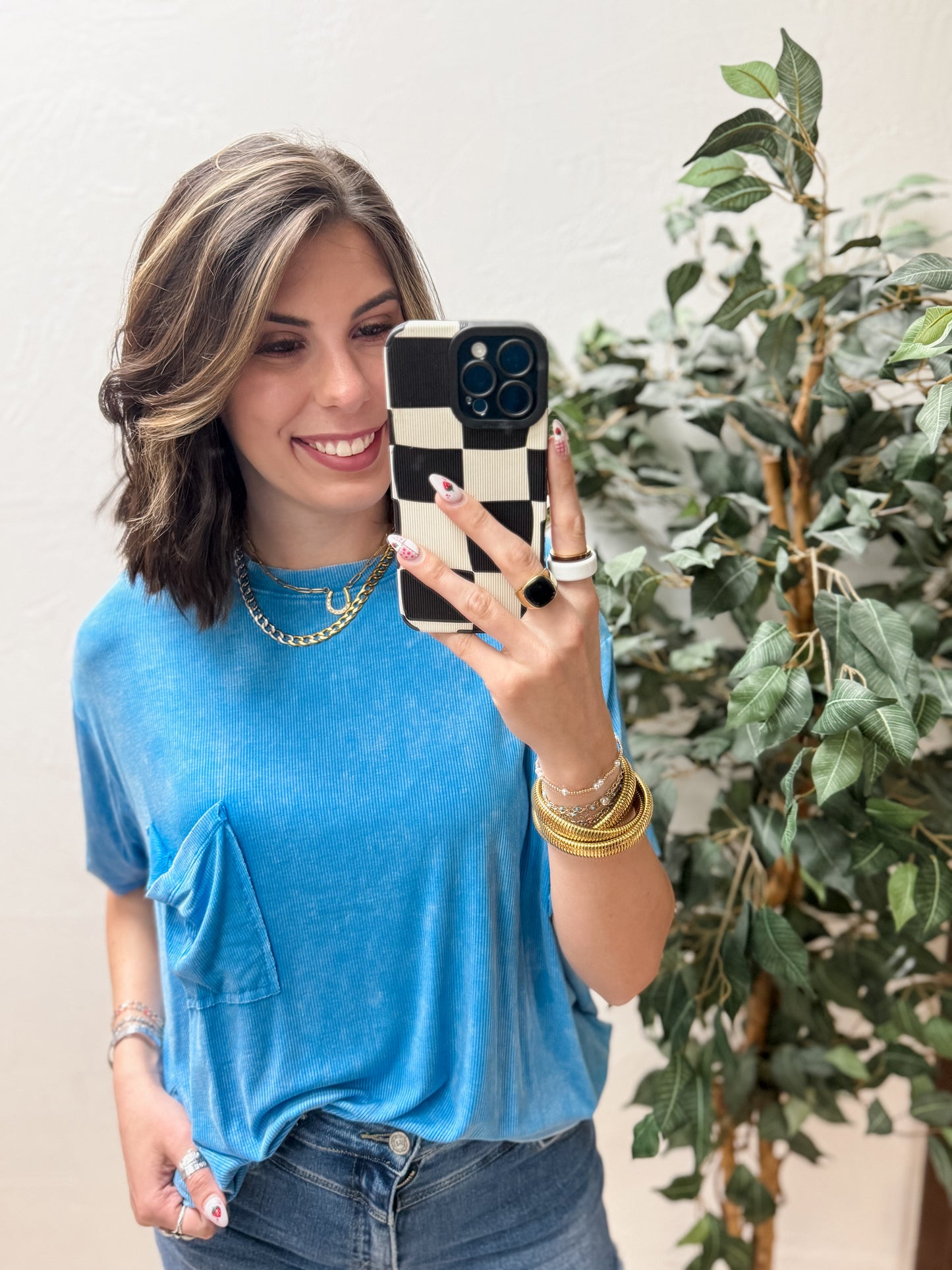 The Kora Acid Wash Ribbed Cuffed Tee - Deep Sky