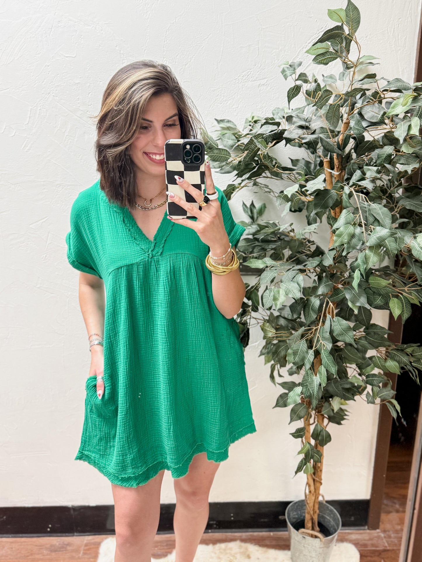 The Kaylin Gauze Raw Edge V-neck Dress - Kelly Green