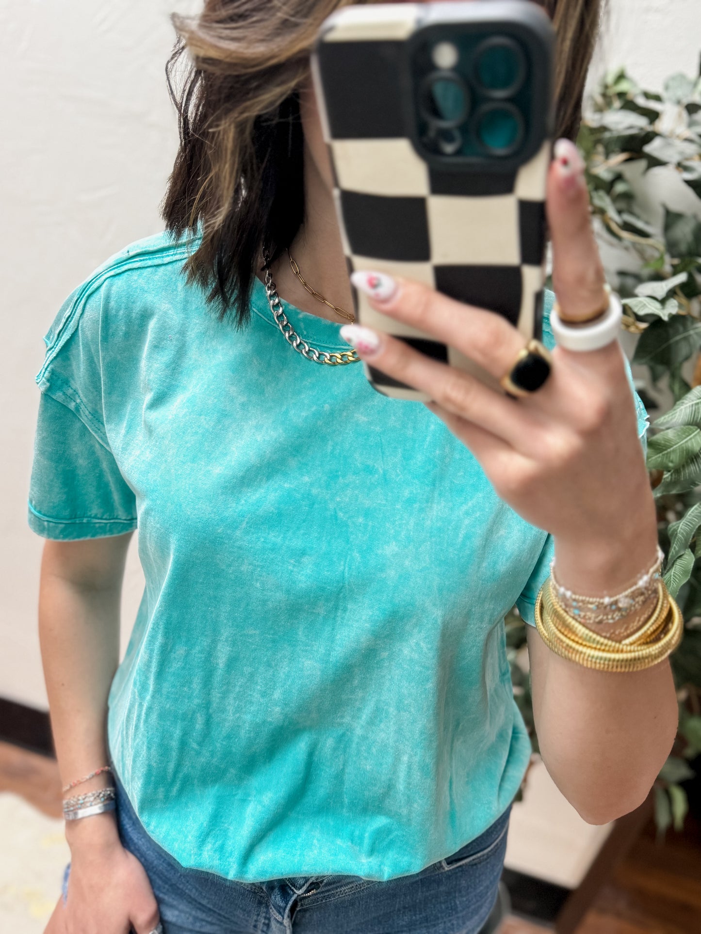 The Harli Acid Washed Round Neck Tee - Turquoise