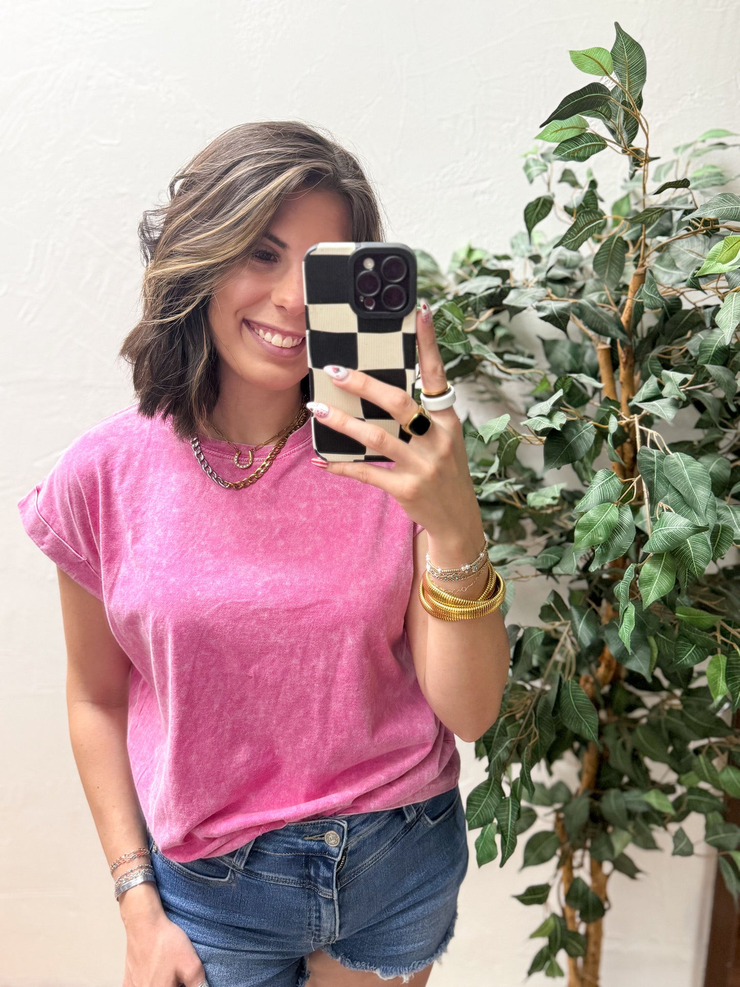 The Lina Halo Acid Wash Cuffed Tee - Hot Pink