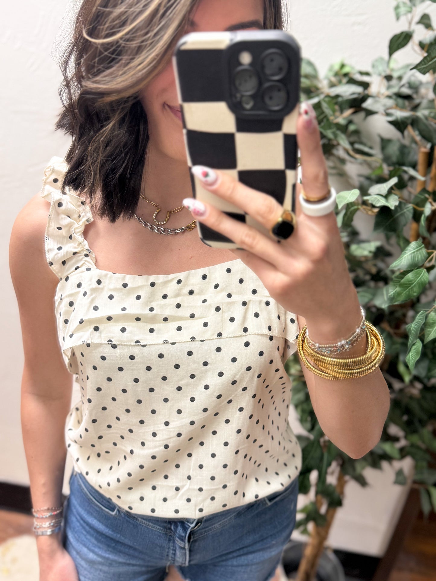 The Rebecca Flounce Tank Top - Polka Dot