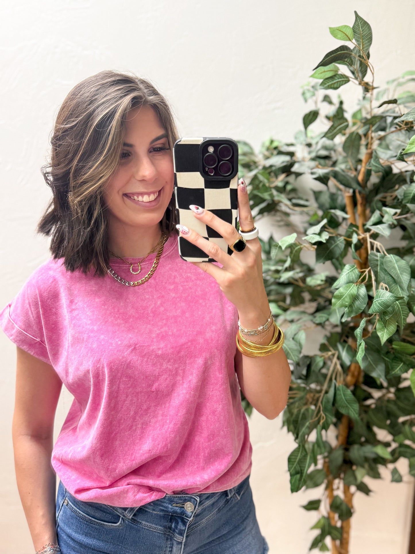 The Lina Halo Acid Wash Cuffed Tee - Hot Pink