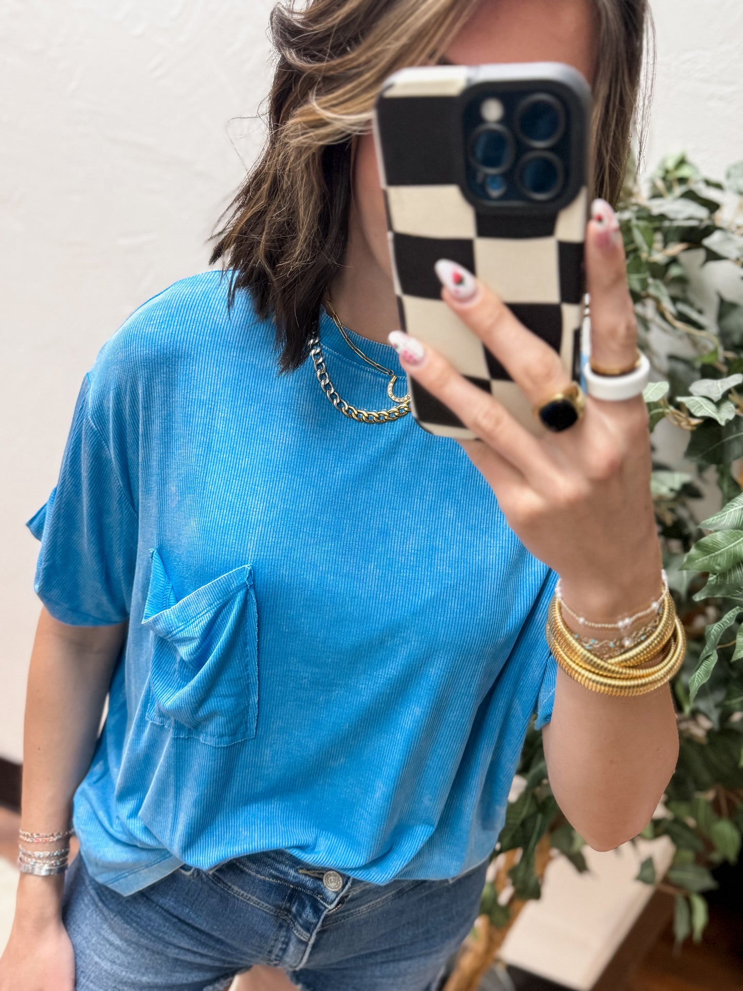 The Kora Acid Wash Ribbed Cuffed Tee - Deep Sky