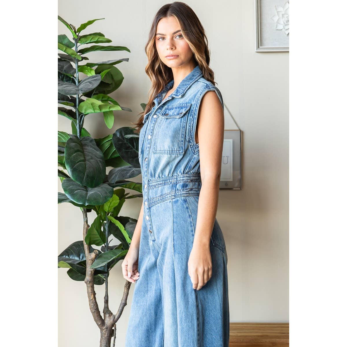 The Brandy Denim Button Down Sleeveless Jumpsuit