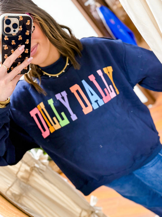 The Dilly Dally Reversible Mock Neck Sweatshirt - Navy/Rainbow
