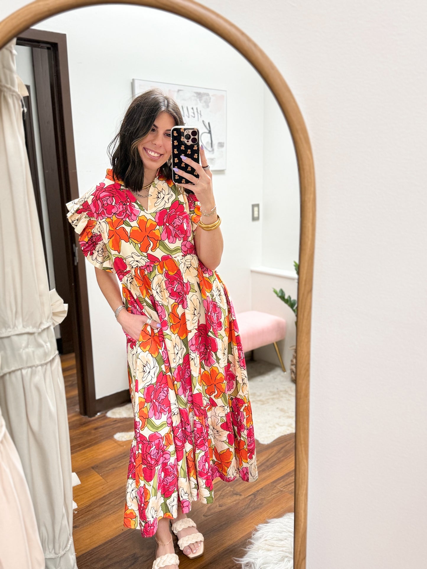 The Keri Ruffle Sleeve Floral Midi Dress - Red