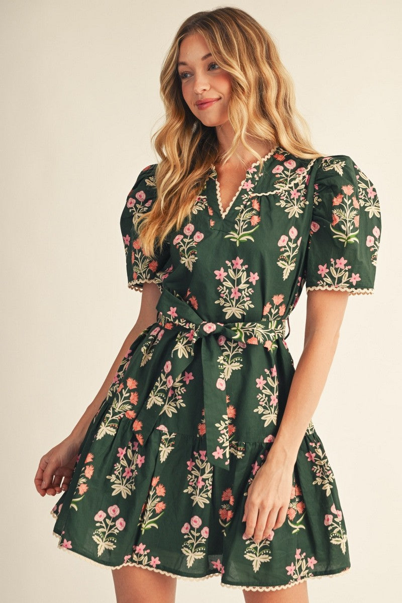 The Faelan Puff Shoulder Floral Dress - Olive