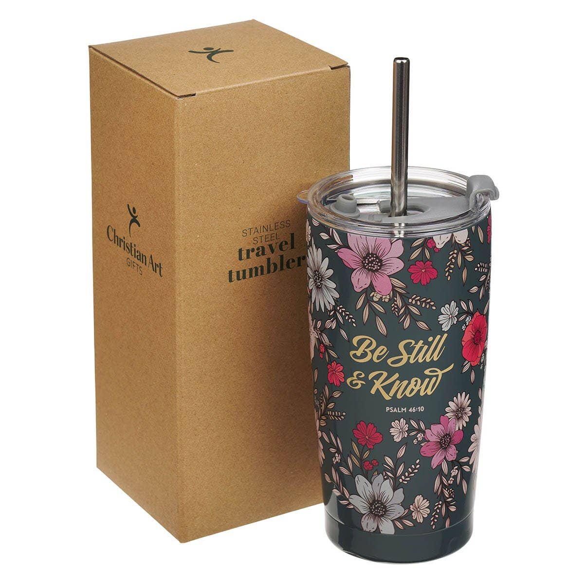 Be Still & Know Teal Floral SS Tumbler Ps. 46:10