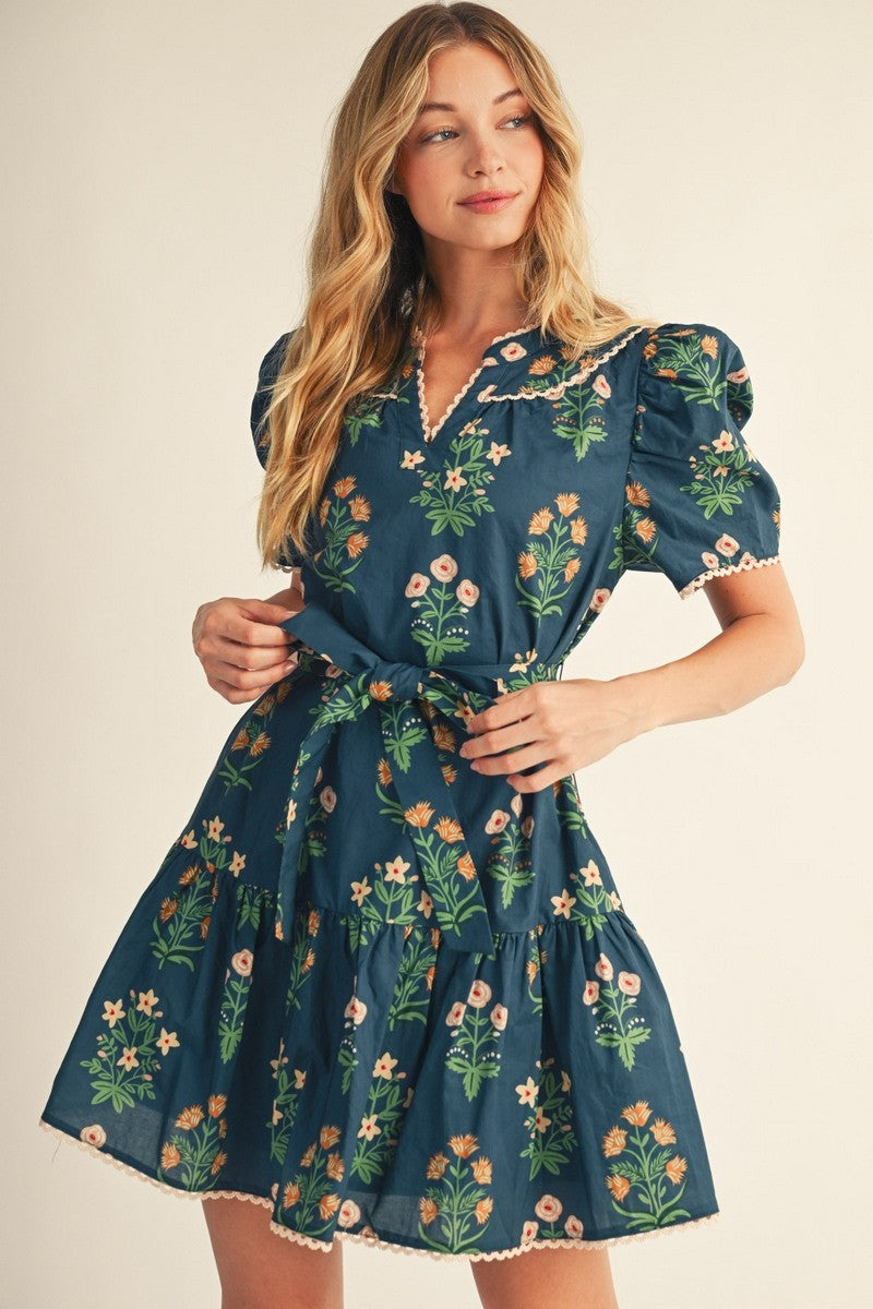 The Faelan Puff Shoulder Floral Dress - Teal