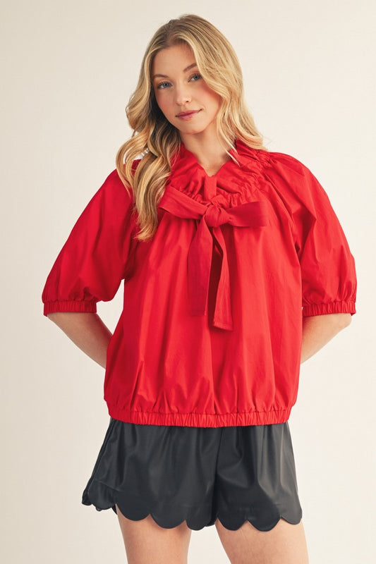 The Macyn Bow Drawstring Neckline Woven Top - Red