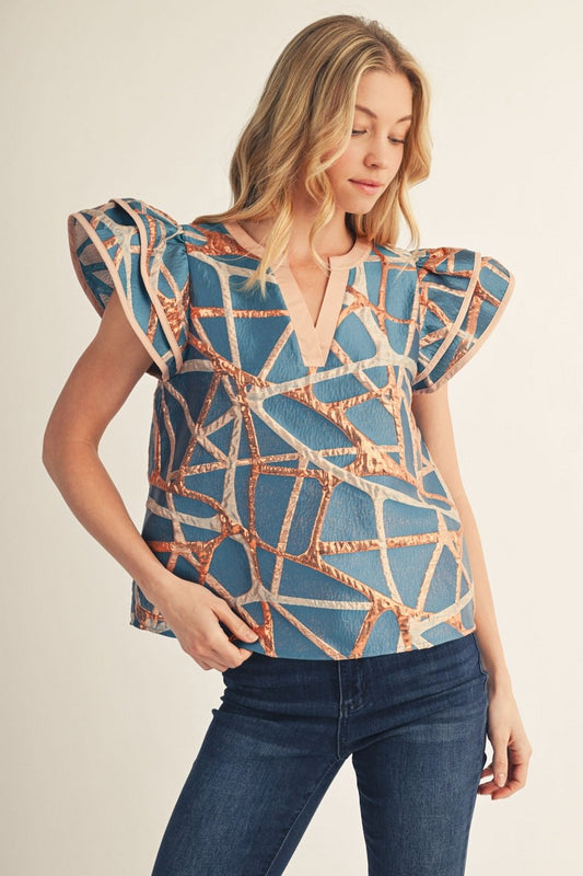 The Giada Abstract Metallic Jacquard Top - Turquoise