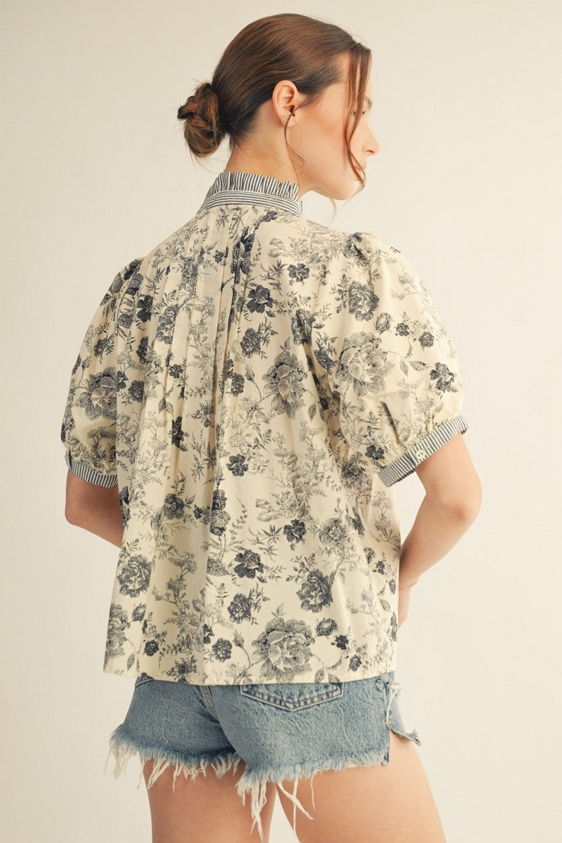 The Jennica Pintuck Detail Button Up Floral Top - Black