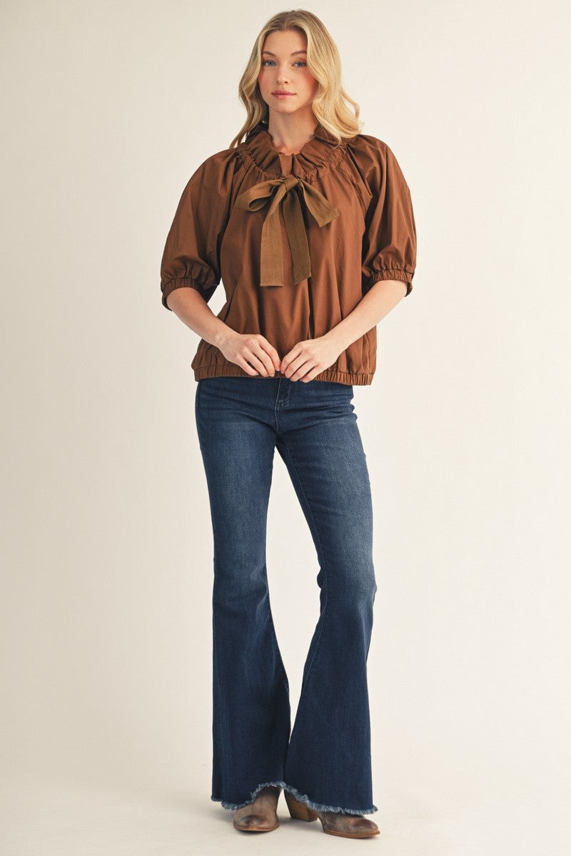 The Macyn Bow Drawstring Neckline Woven Top - Brown
