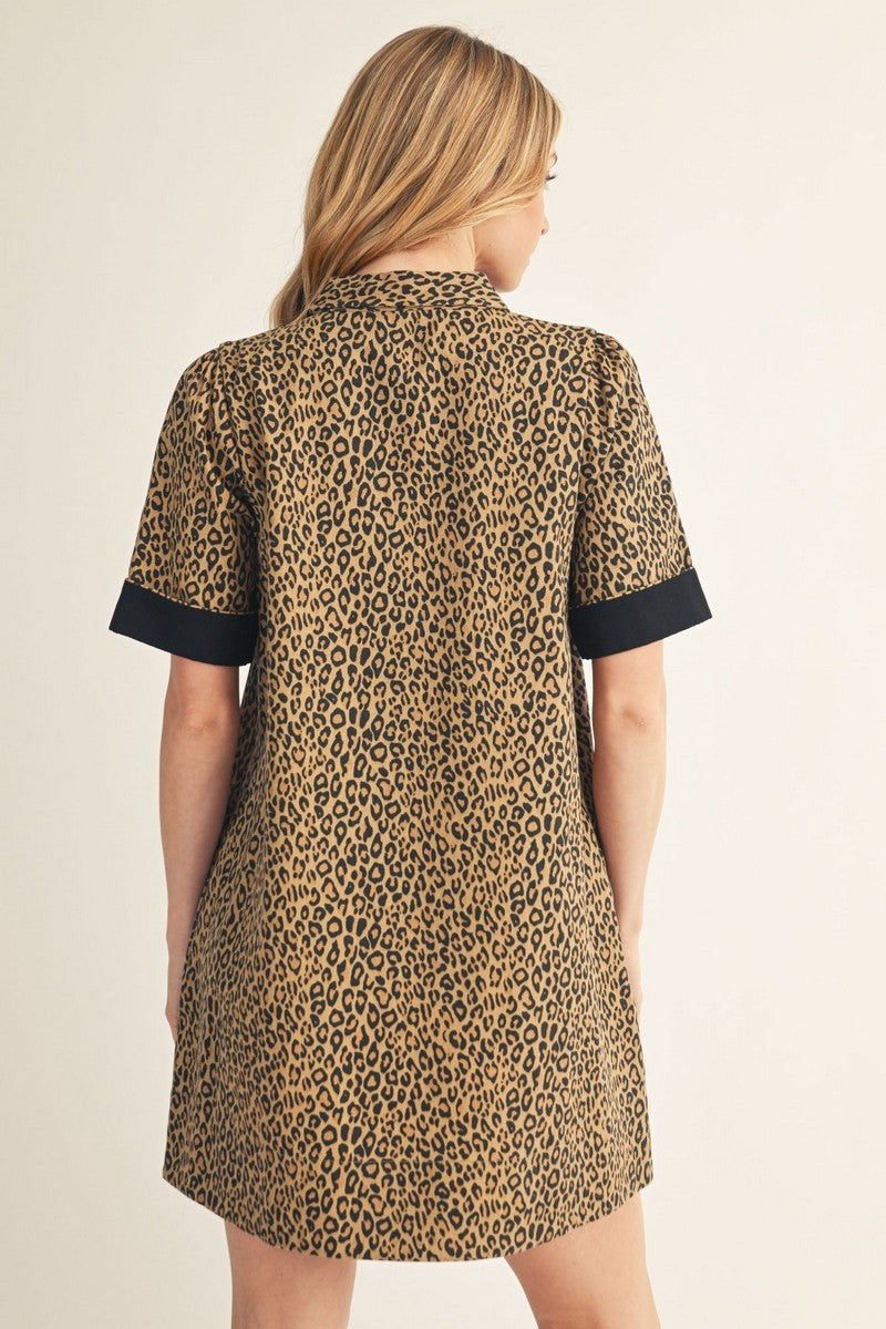 The Malorie Color Contrast Accent Leopard Dress - Taupe