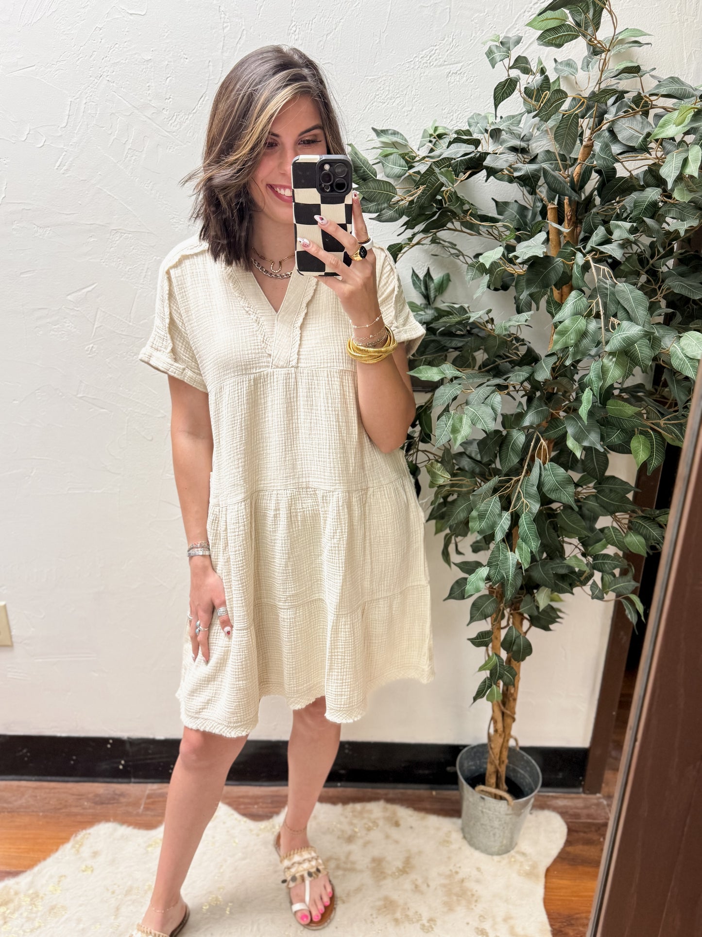 The Dani Gauze V-Neck Dress - Ash Mocha