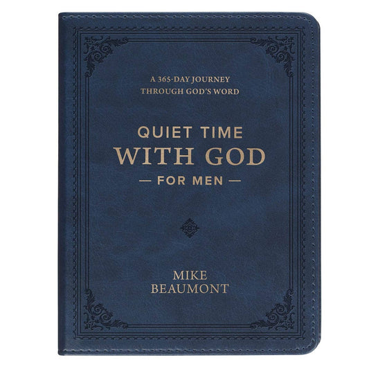 Blue book titled 'Quiet Time with God for Men' by Mike Beaumont on a white background