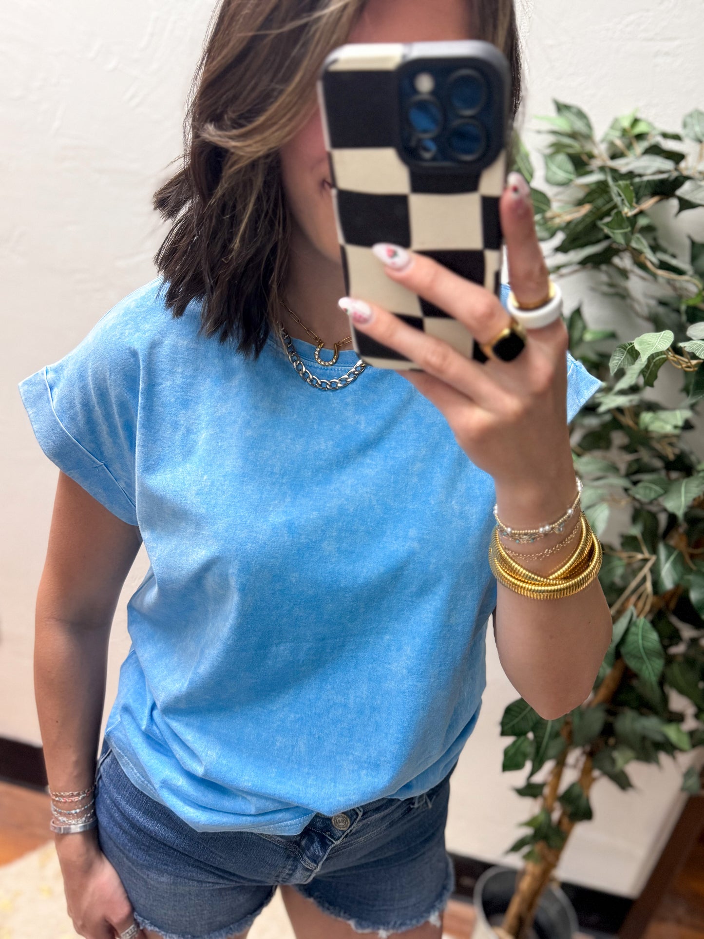 CURVY - The Lina Halo Acid Wash Cuffed Tee - Sky Blue