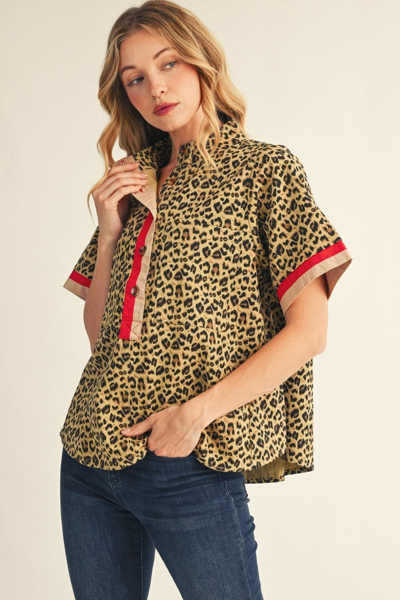 The Camren Contrast Accent Mock Neck Leopard Top - Taupe