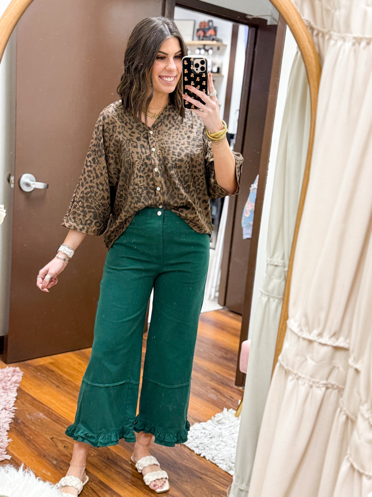 The Hayden Metallic Leopard Button Down Top - Brown