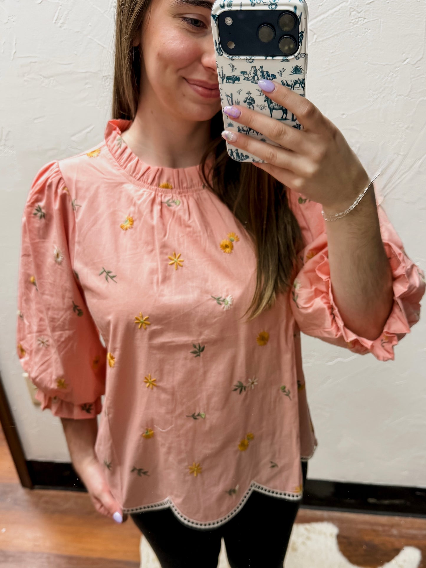 The Heidi Scallop Hem Floral Embroidered Top