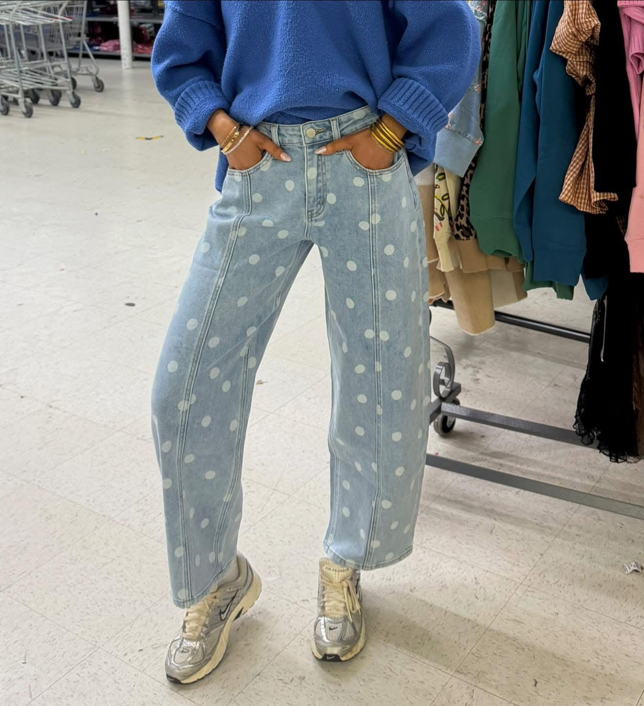 The Jeana Polka Dot Barrel Jeans - Denim/White