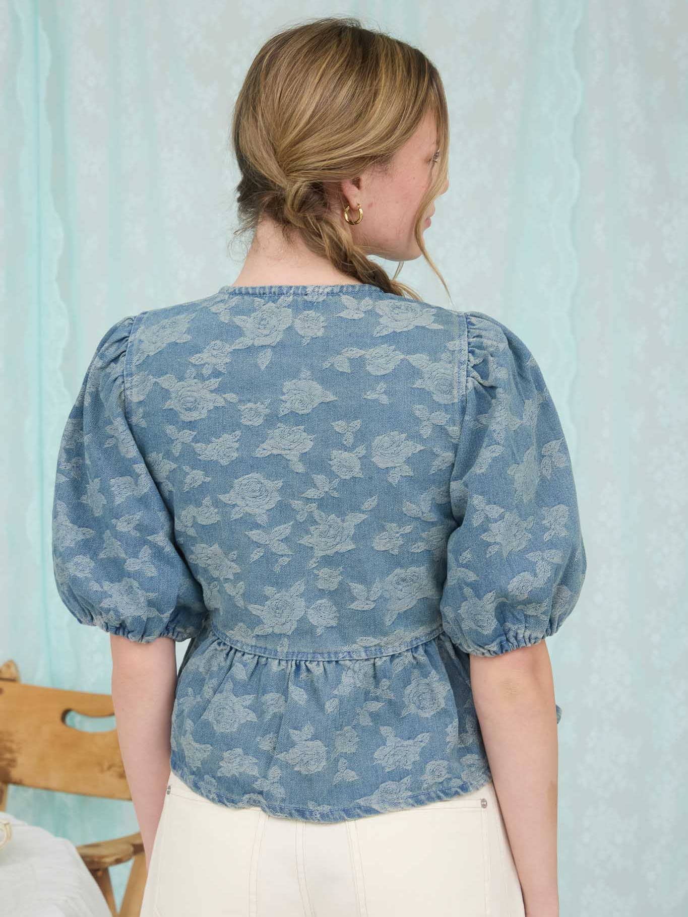 The Marlowe Rose Front Tie Puff Sleeve Denim Top
