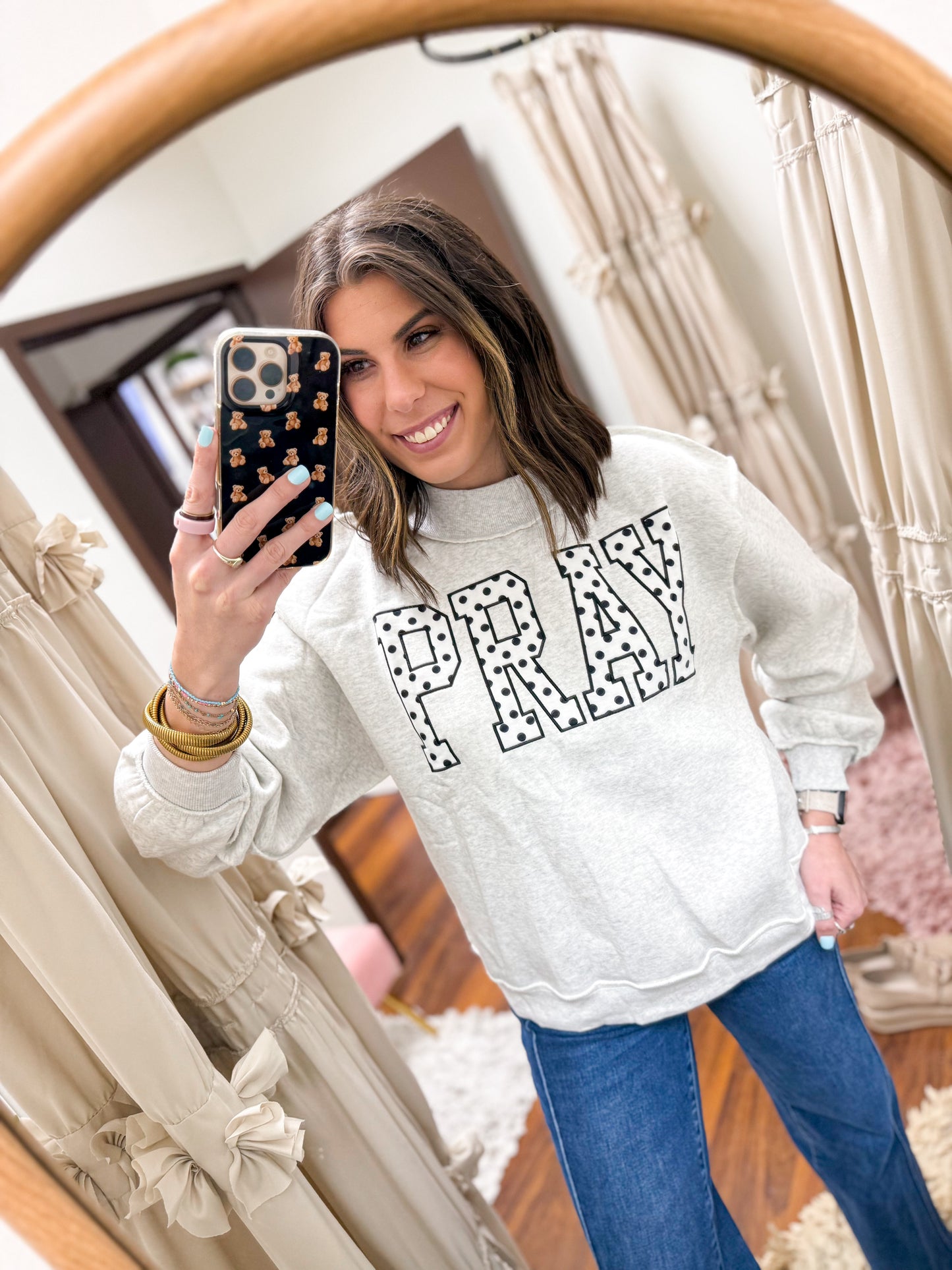 The Polka Dot Pray Patchwork Mock Neck Sweatshirt
