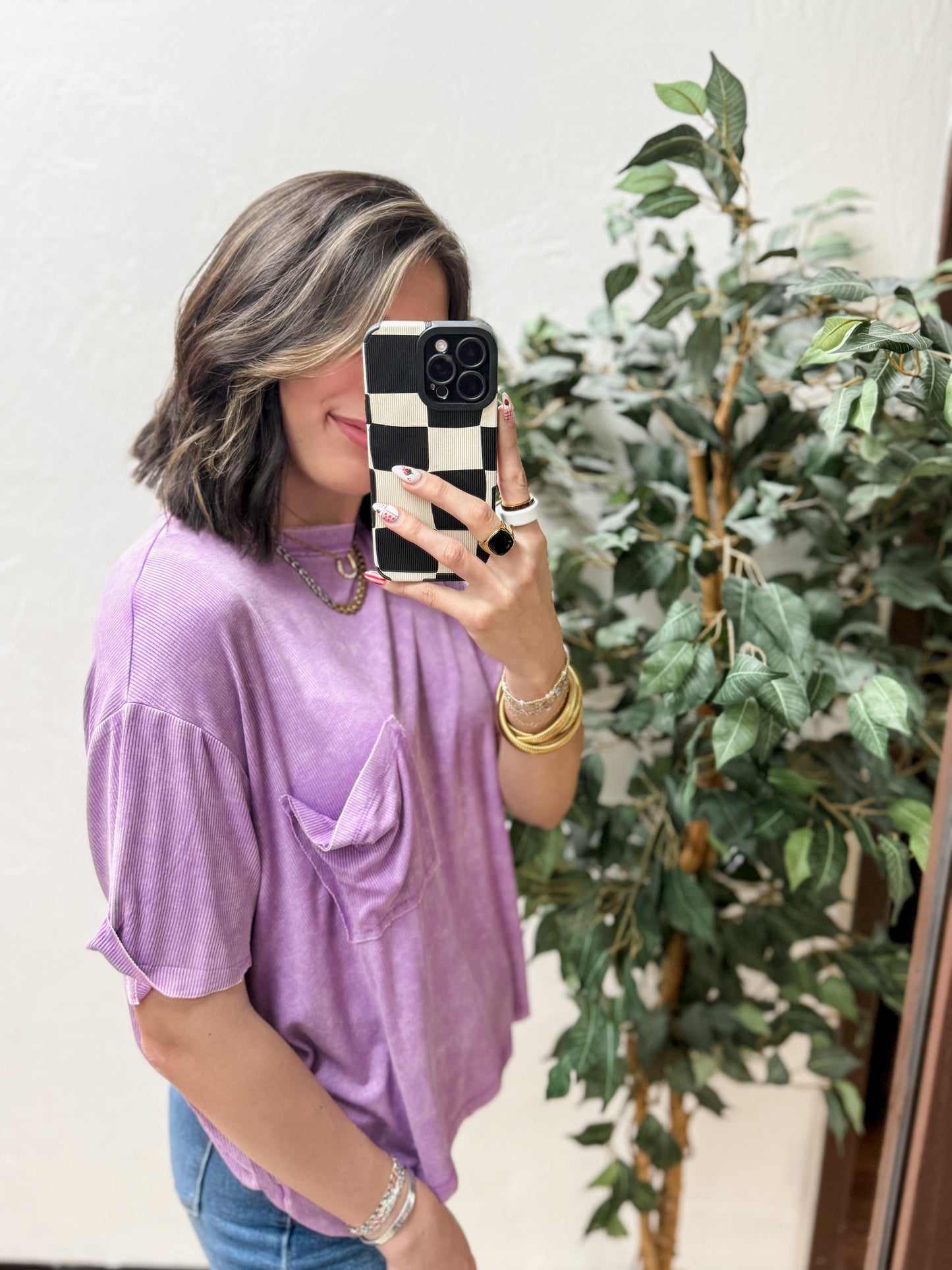 CURVY - The Kora Acid Wash Ribbed Cuffed Tee - Bright Violet