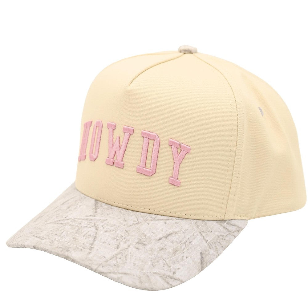 Beige cap with pink embroidered 'HOWDY' text and quilted beige brim on a white background