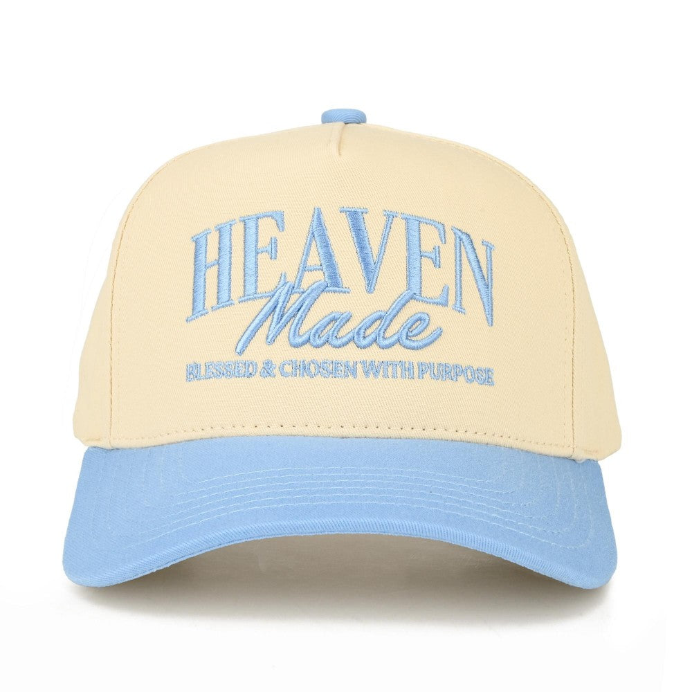 Beige and blue cap with 'Heaven Made' text on a white background