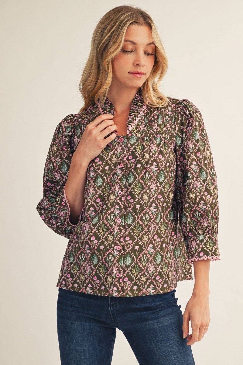 The Fauna Ruffle Neck Floral Pleated Top - Brown