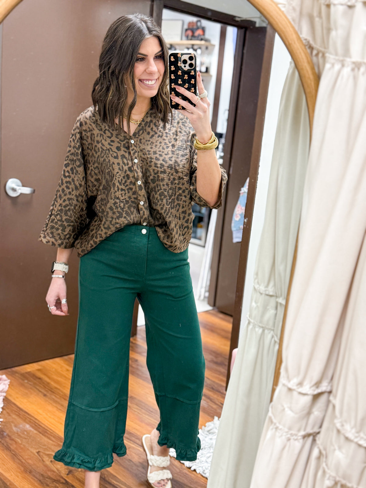 The Hayden Metallic Leopard Button Down Top - Brown