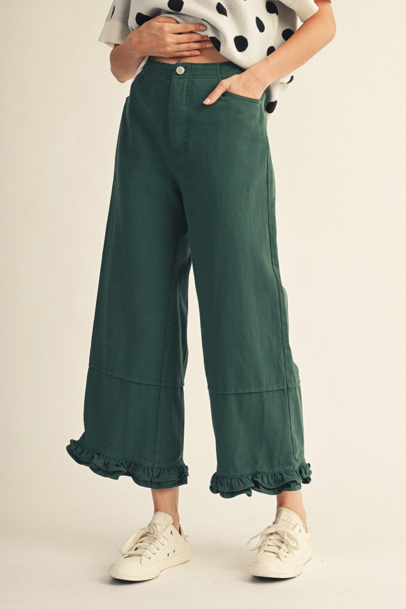 The Camden Ruffle Hem Wide Leg Casual Pants - Green