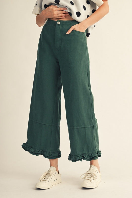 The Camden Ruffle Hem Wide Leg Casual Pants - Green