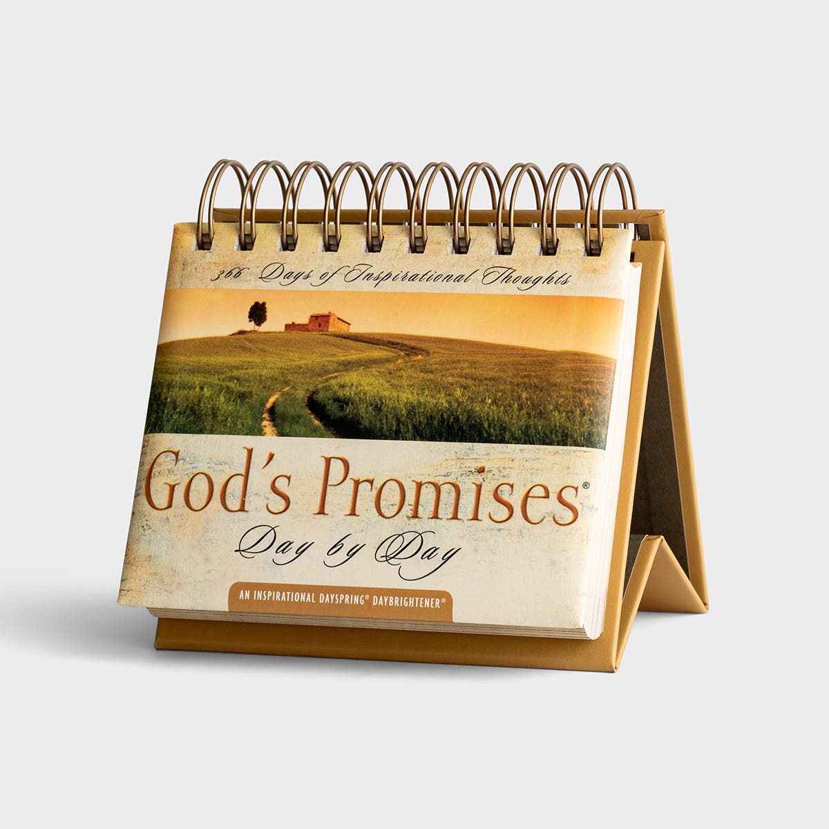 Desk calendar titled 'God's Promises Day by Day' with a scenic cover on a light gray background