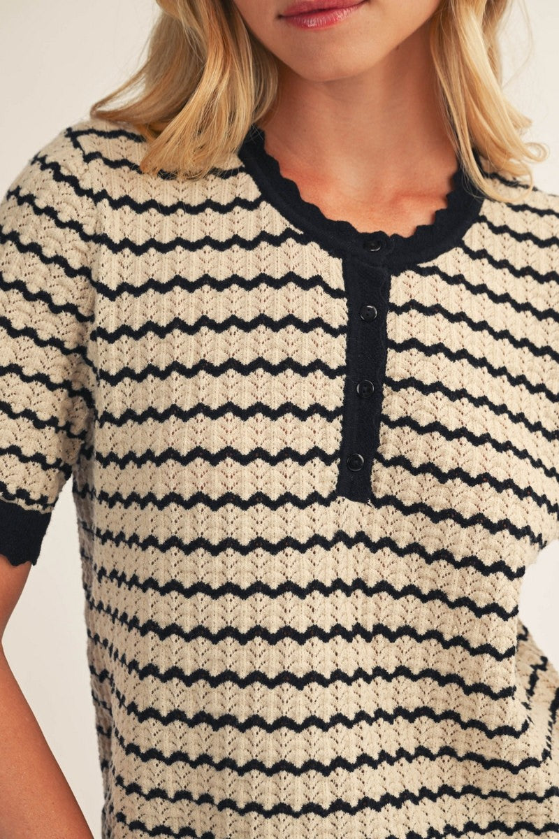 The Henley Striped Lightweight Sweater Top - Black/Taupe