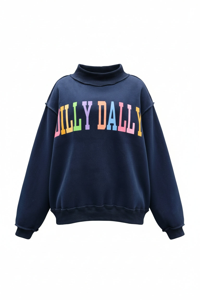 The Dilly Dally Reversible Mock Neck Sweatshirt - Navy/Rainbow