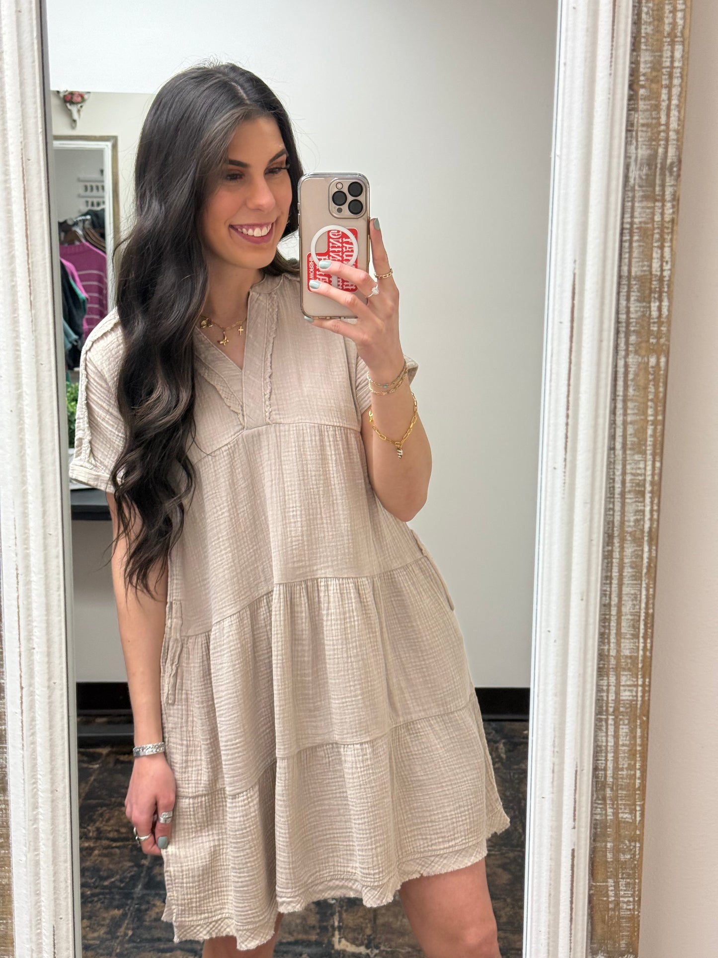 The Dani Gauze V-Neck Dress - Ash Mocha