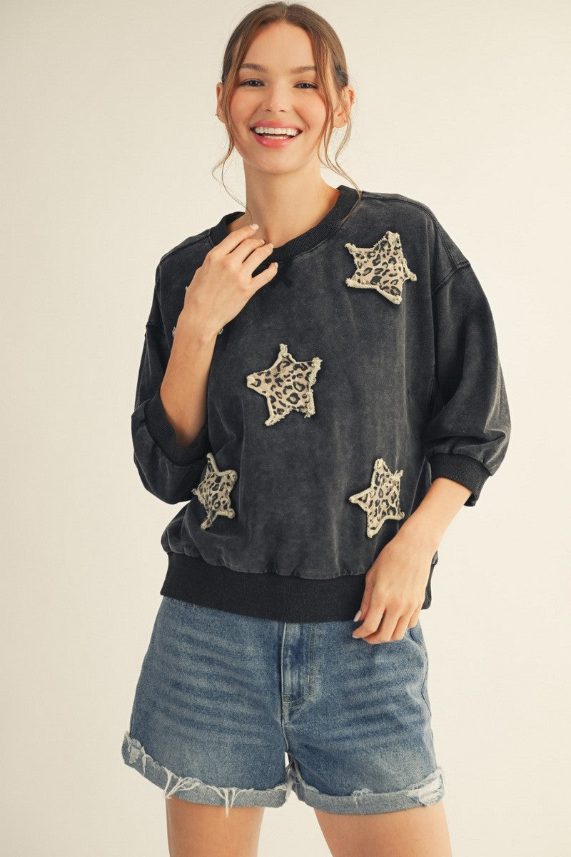The Julienne Leopard Star Patched Washed Top - Black