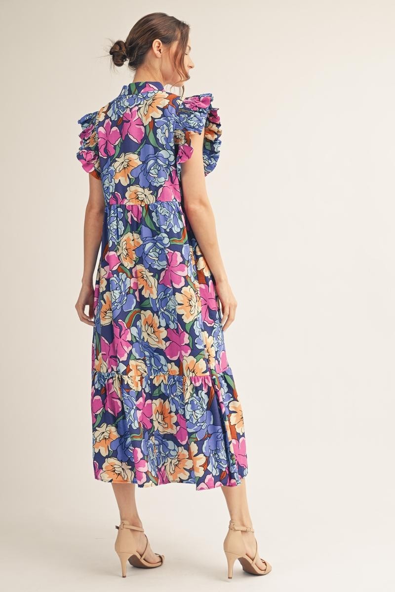 The Keri Ruffle Sleeve Floral Midi Dress - Royal