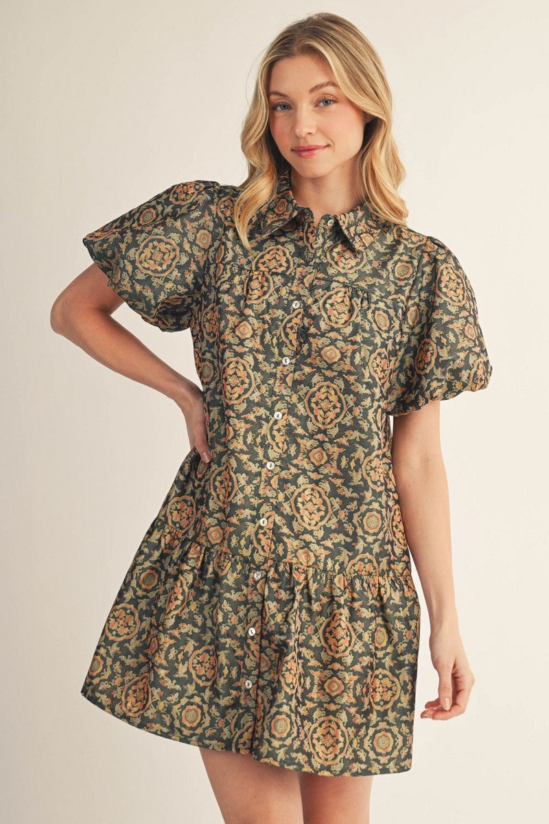 The Velda Puff Sleeves Baroque Jacquard Dress
