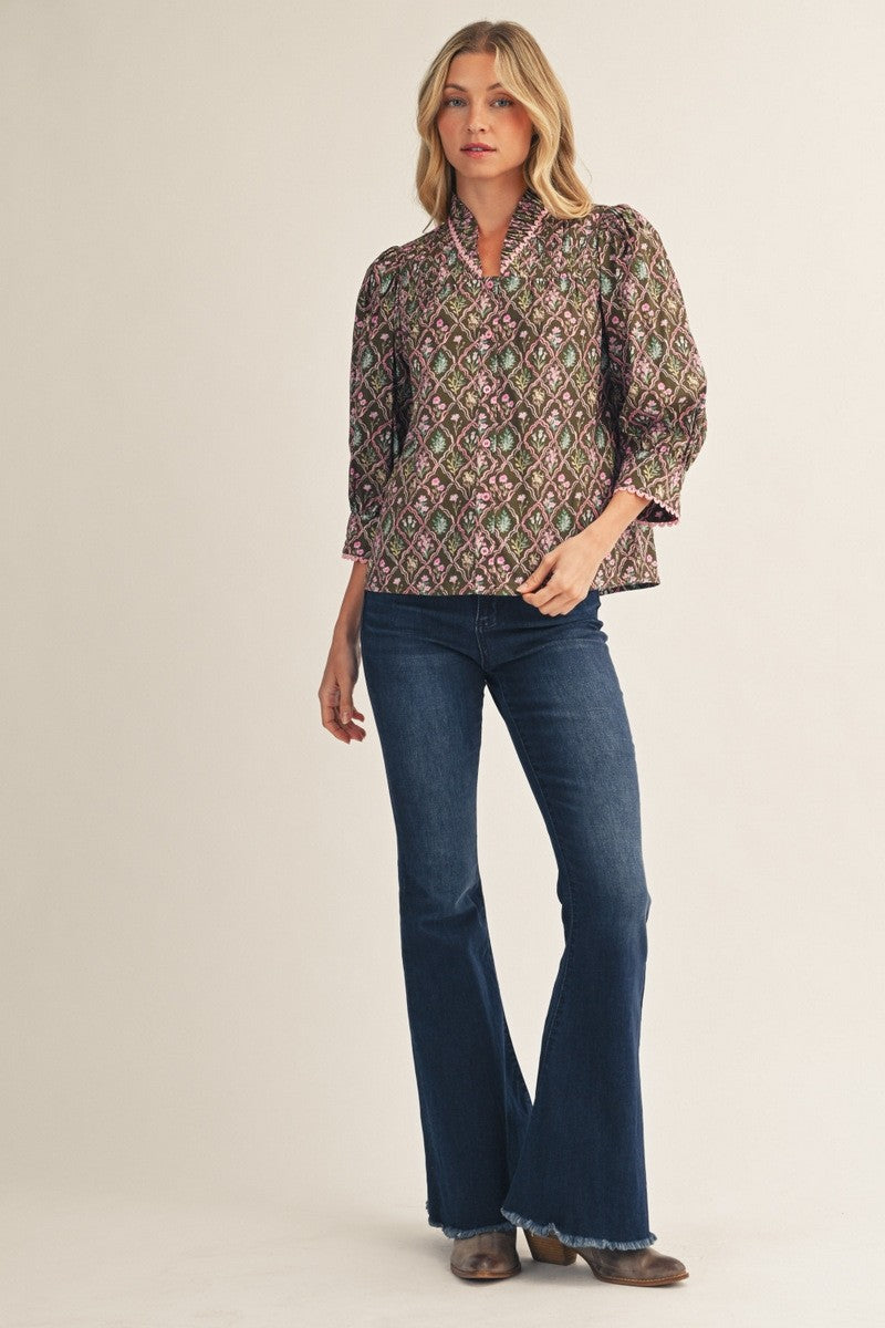 The Fauna Ruffle Neck Floral Pleated Top - Brown