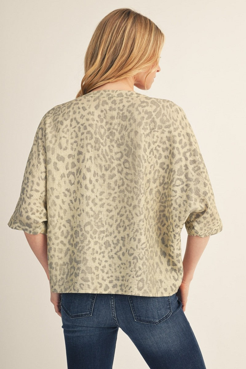 The Hayden Metallic Leopard Button Down Top - Dusty Sage