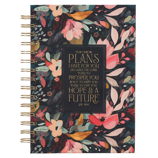 Black Floral Wirebound Journal For I Know the Plans Jer. 29:11 on a white background