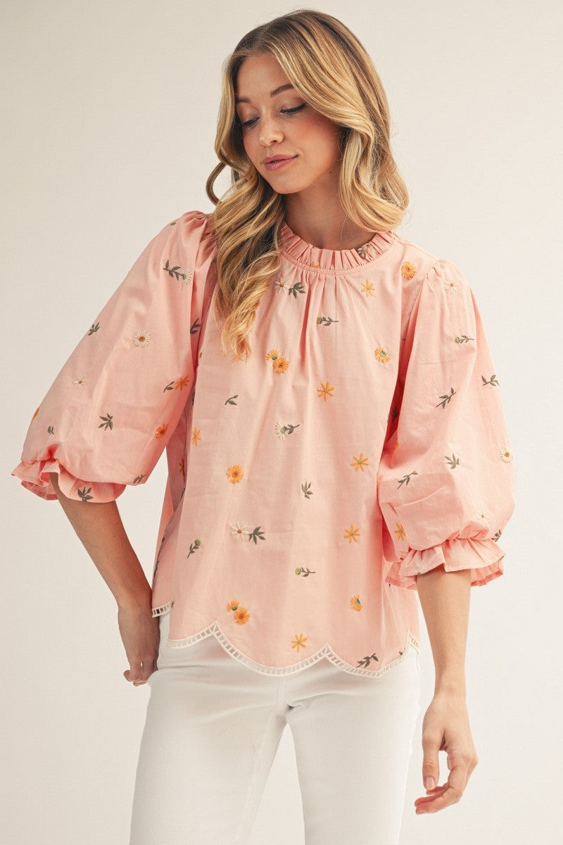 The Heidi Scallop Hem Floral Embroidered Top