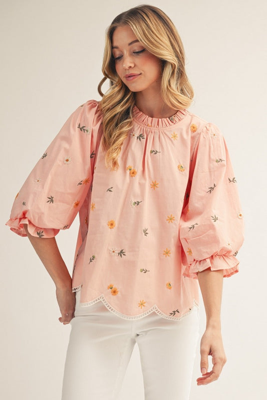 The Heidi Scallop Hem Floral Embroidered Top