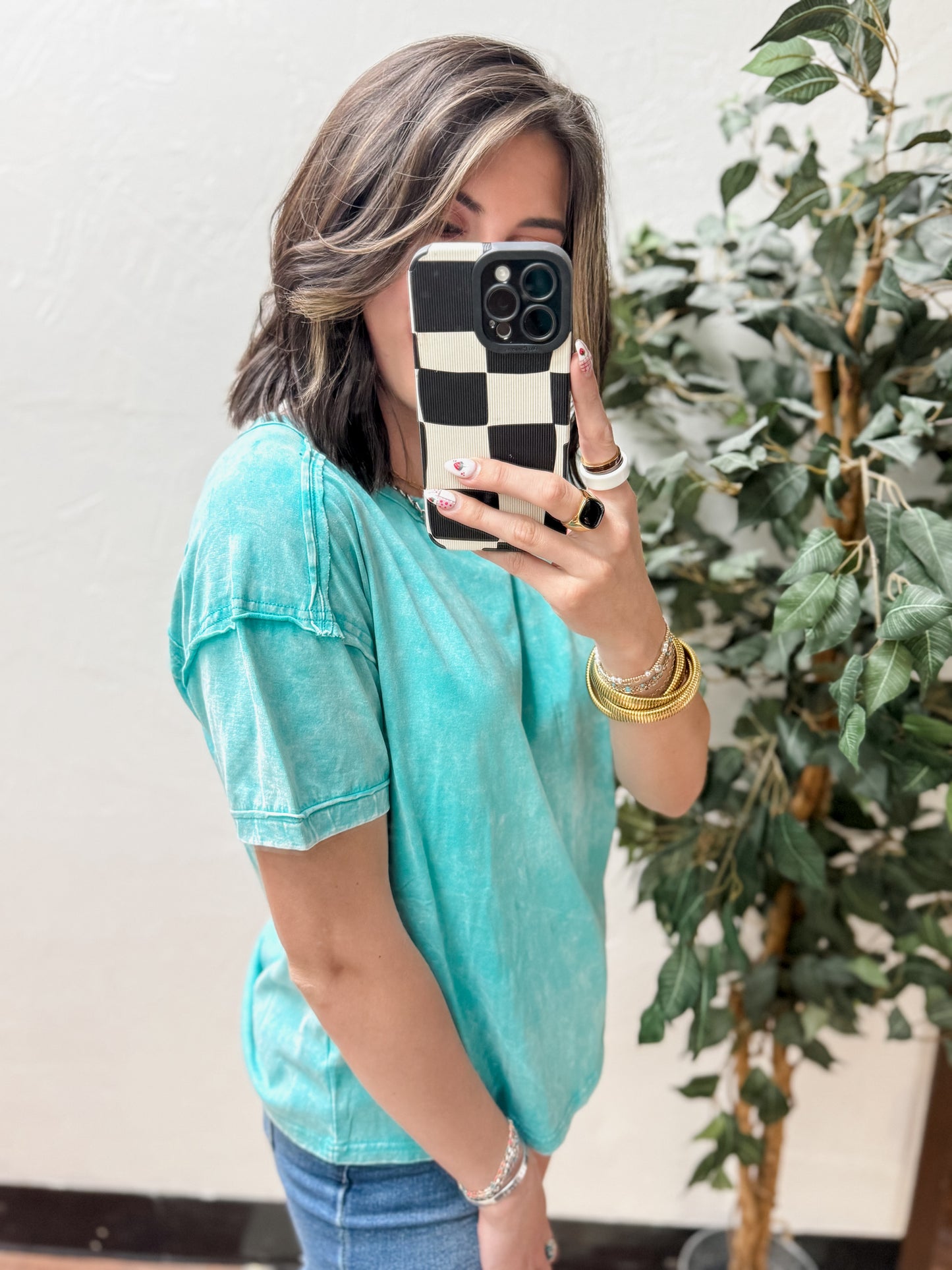The Harli Acid Washed Round Neck Tee - Turquoise